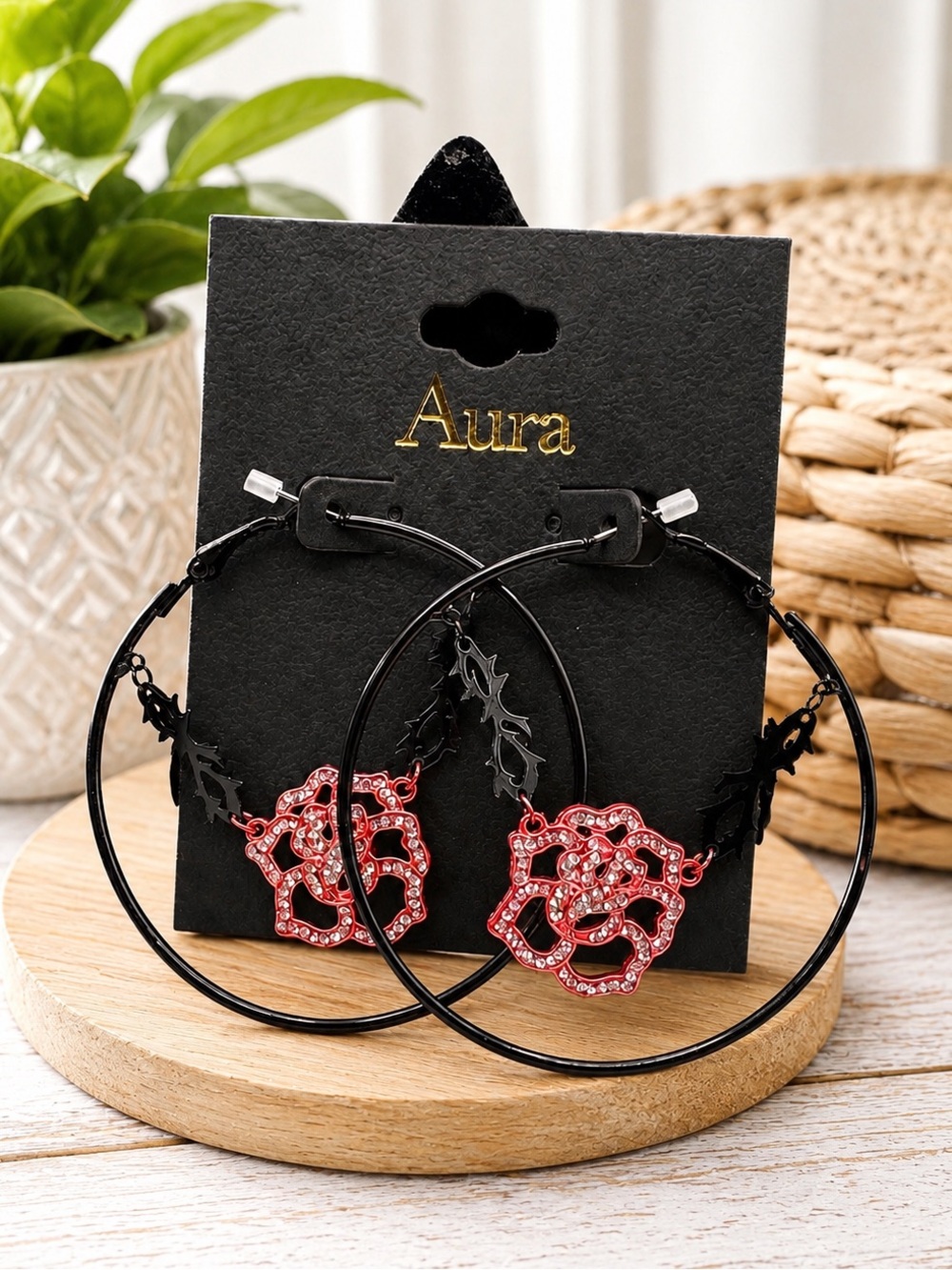 Aura Oversized Black Hoop & Red Rhinestone Rose Earrings (BR1010/3)
